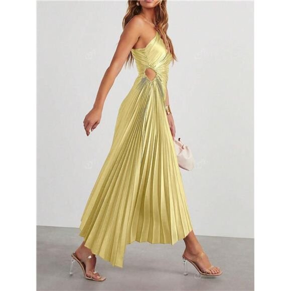 NEW - Elegant Yellow Pleated Ruffle Hem Asymmetrical Neck Dress - Picture 2 of 8